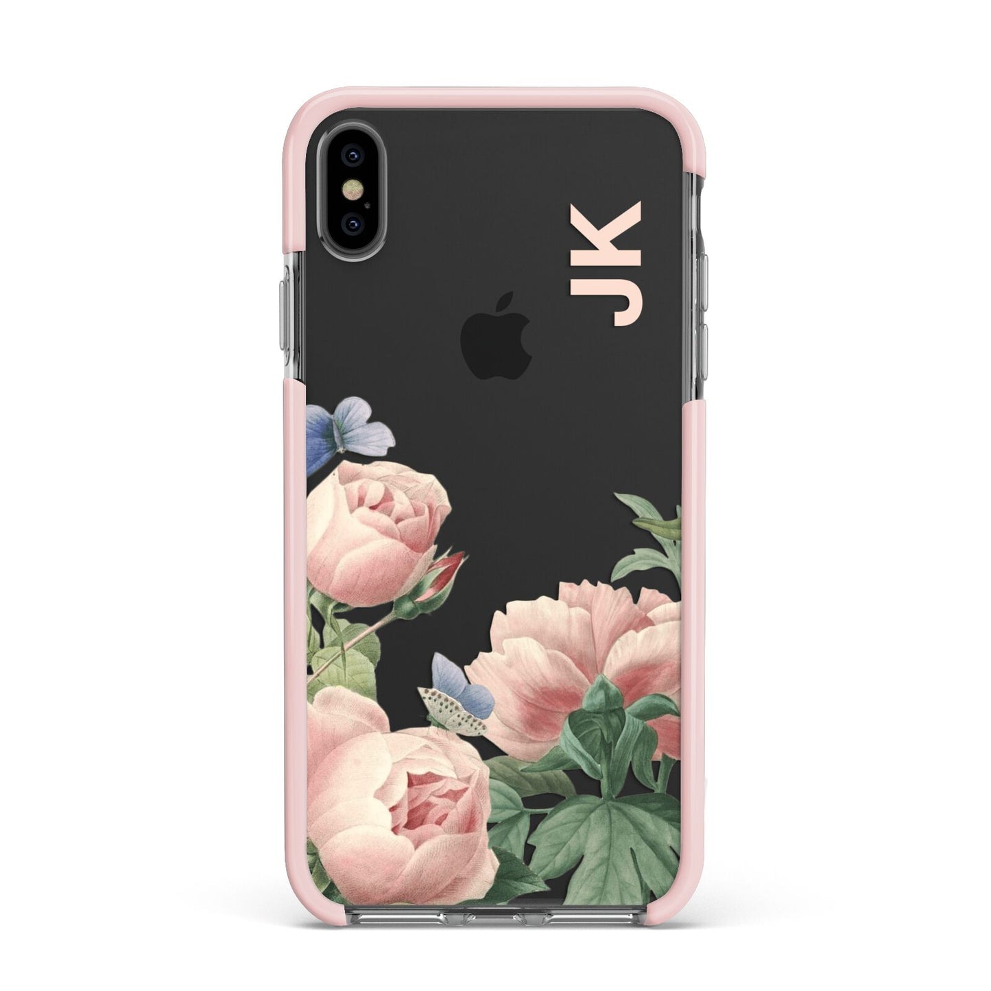 Personalised Vintage Flowers Apple iPhone Xs Max Impact Case Pink Edge on Black Phone