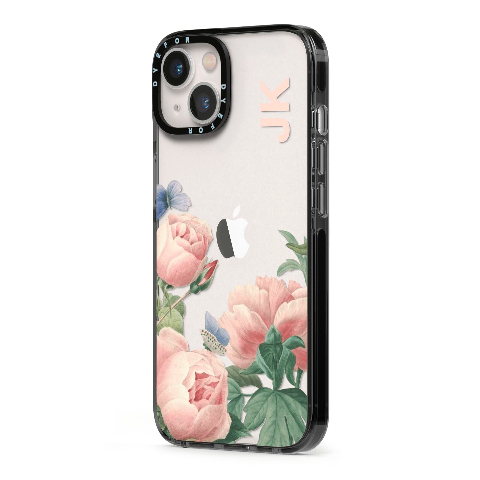 Personalised Vintage Flowers iPhone 13 Black Impact Case Side Angle on Silver phone