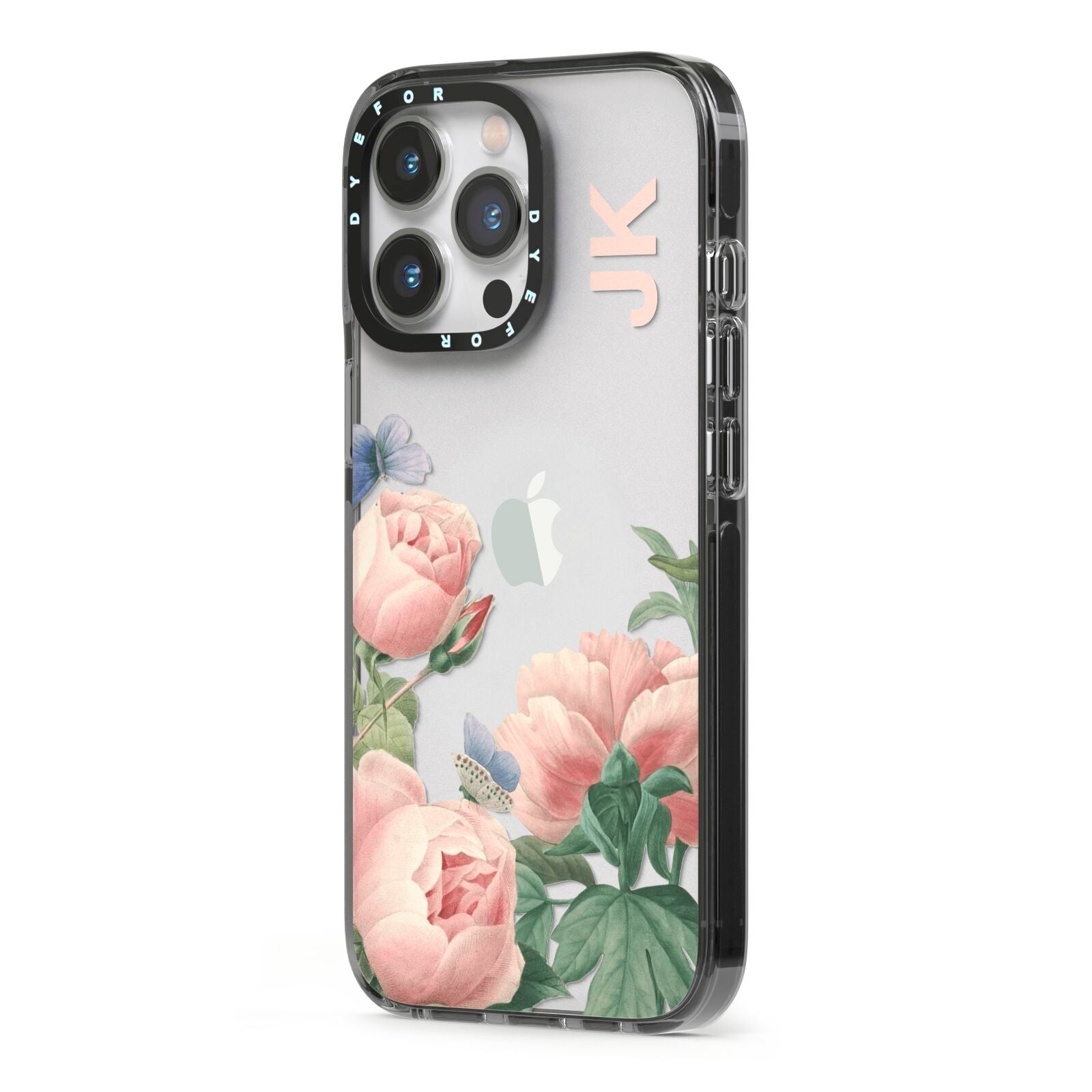 Personalised Vintage Flowers iPhone 13 Pro Black Impact Case Side Angle on Silver phone