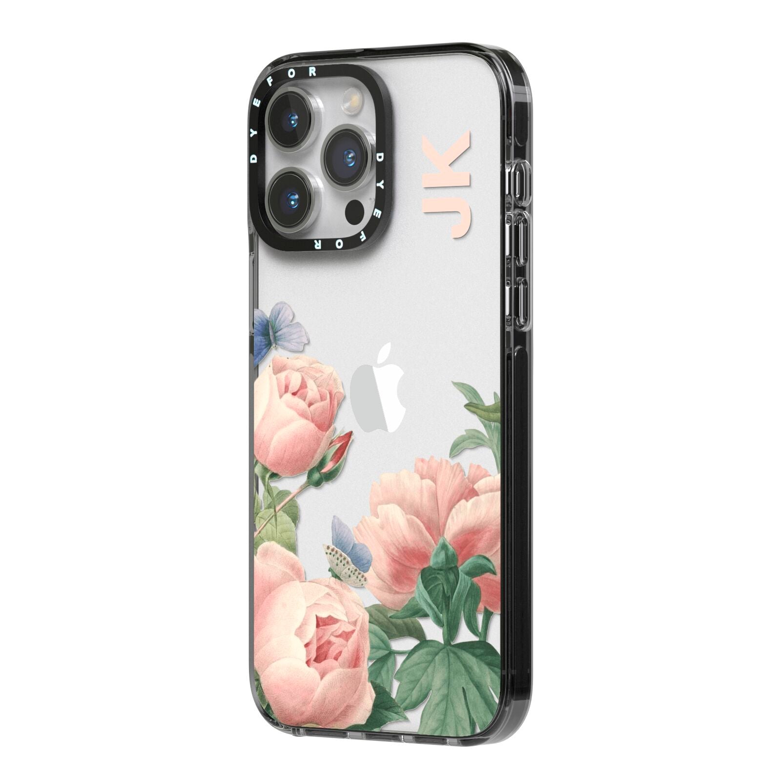 Personalised Vintage Flowers iPhone 14 Pro Max Black Impact Case Side Angle on Silver phone