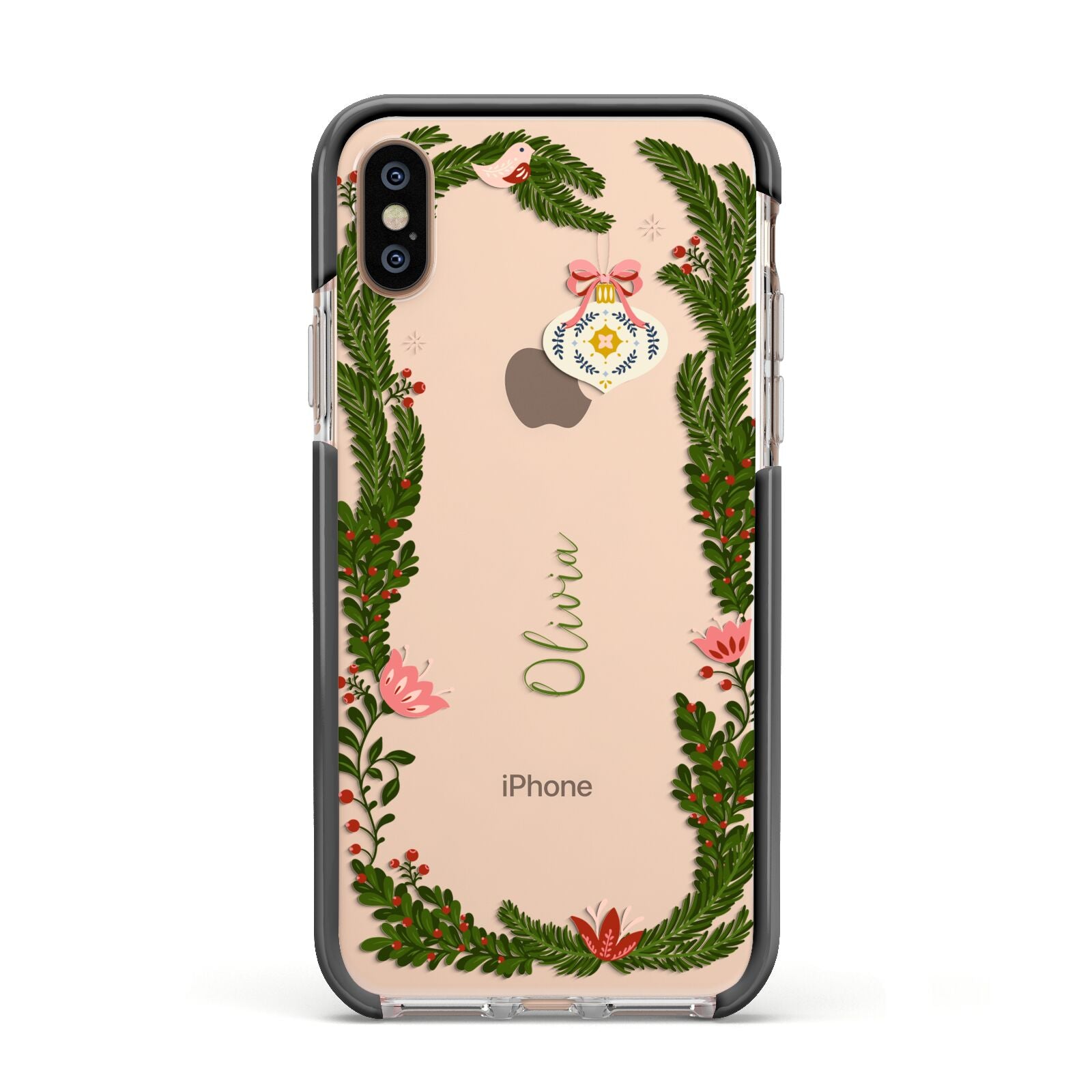 Personalised Vintage Foliage Christmas Apple iPhone Xs Impact Case Black Edge on Gold Phone