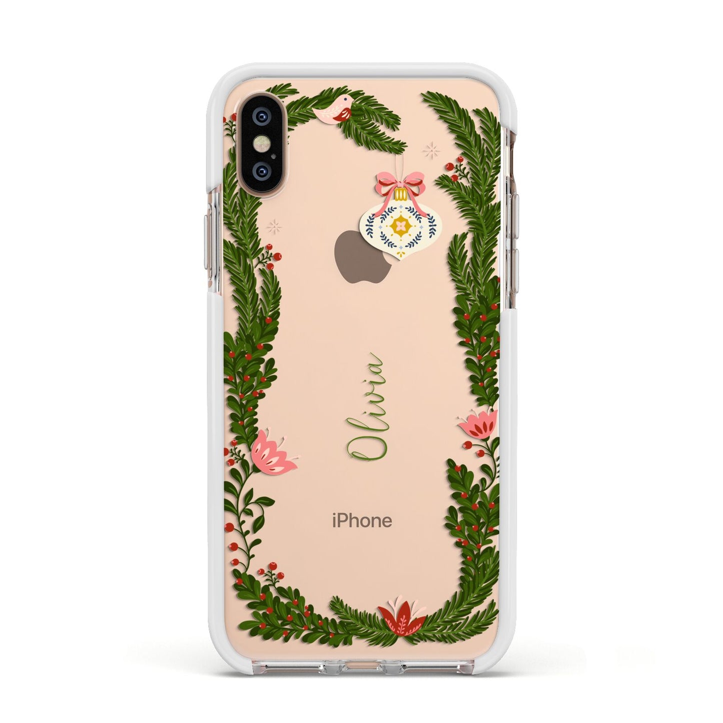 Personalised Vintage Foliage Christmas Apple iPhone Xs Impact Case White Edge on Gold Phone