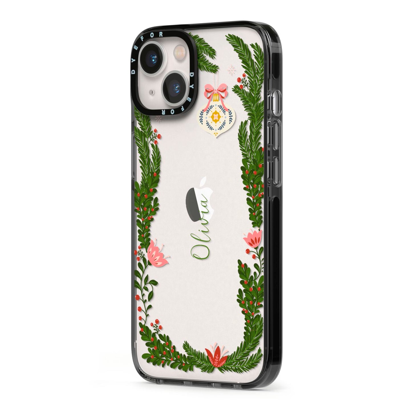 Personalised Vintage Foliage Christmas iPhone 13 Black Impact Case Side Angle on Silver phone