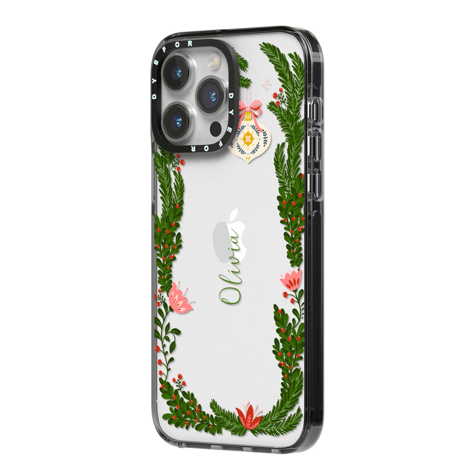 Personalised Vintage Foliage Christmas iPhone 14 Pro Max Black Impact Case Side Angle on Silver phone