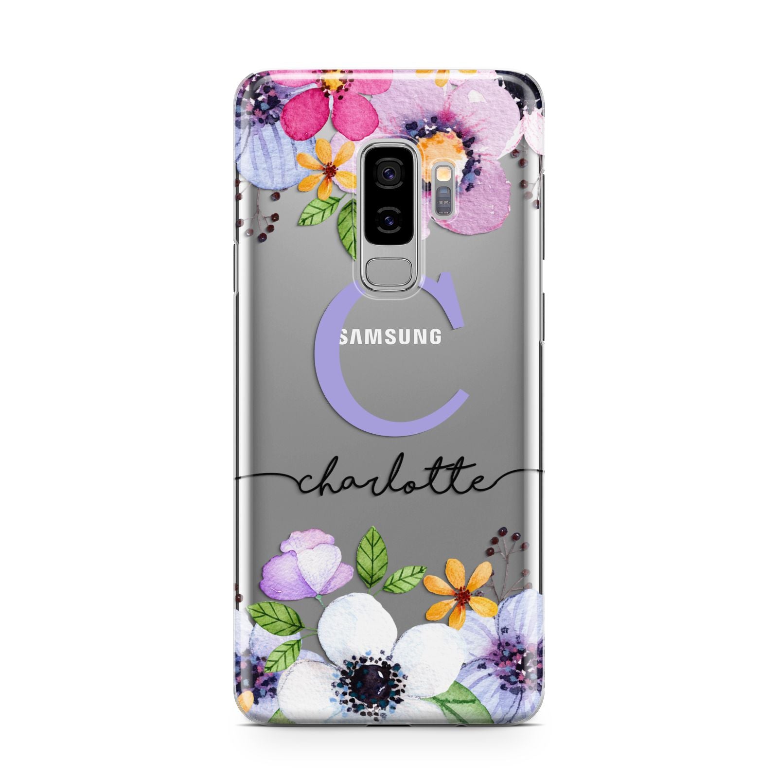 Personalised Violet Flowers Samsung Galaxy S9 Plus Case on Silver phone