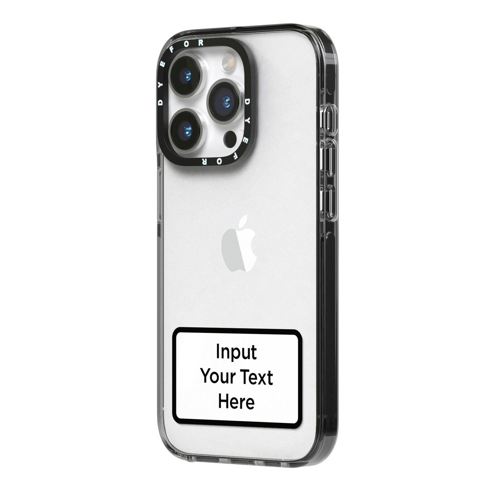 Personalised Warning Label iPhone 14 Pro Black Impact Case Side Angle on Silver phone