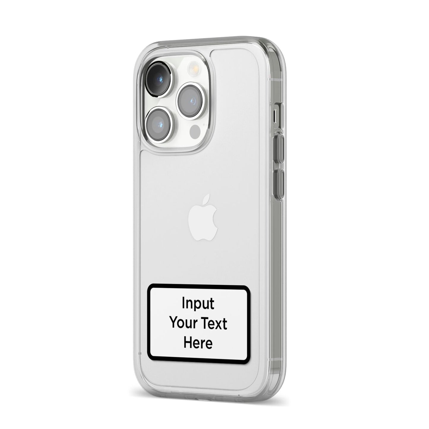 Personalised Warning Label iPhone 14 Pro Clear Tough Case Silver Angled Image