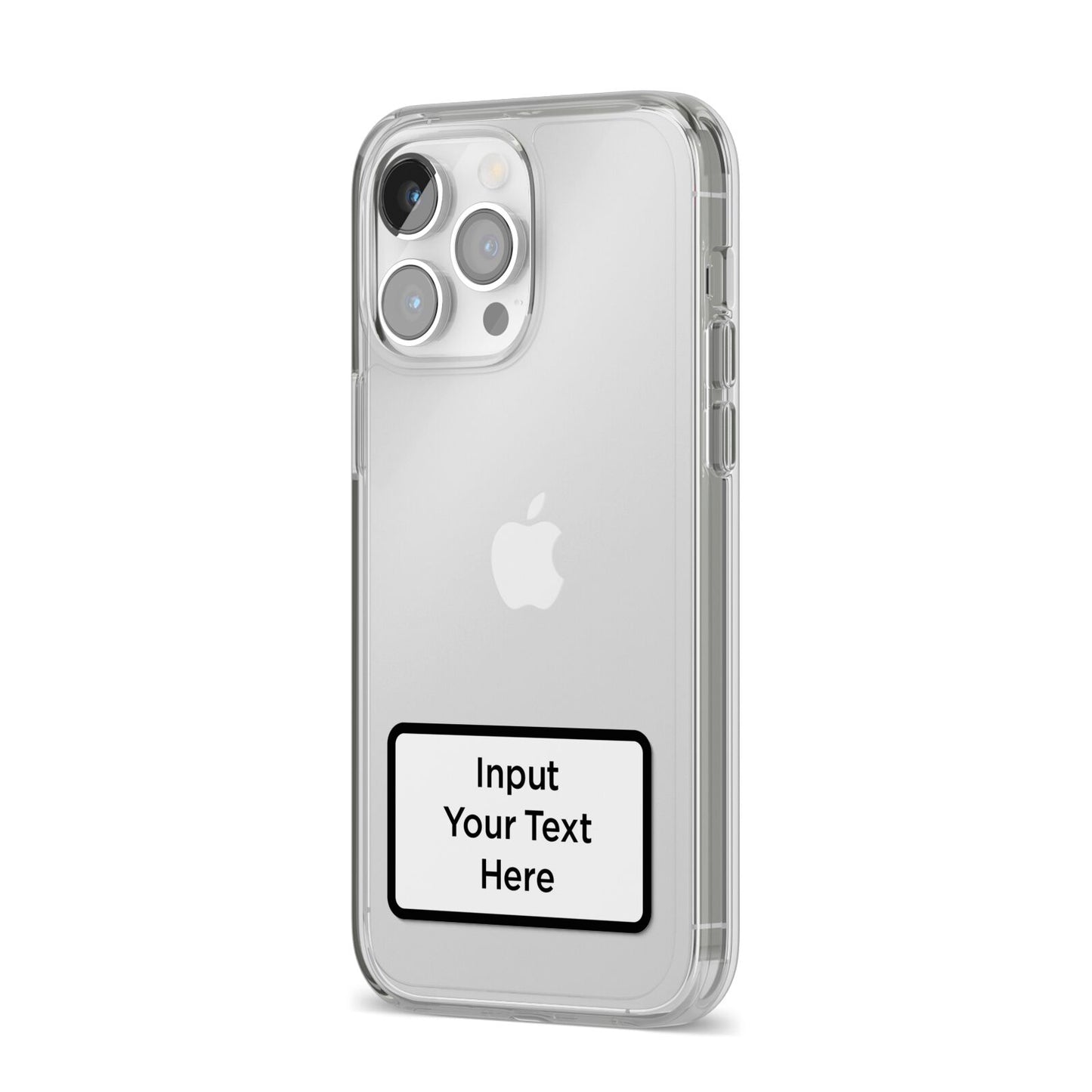 Personalised Warning Label iPhone 14 Pro Max Clear Tough Case Silver Angled Image