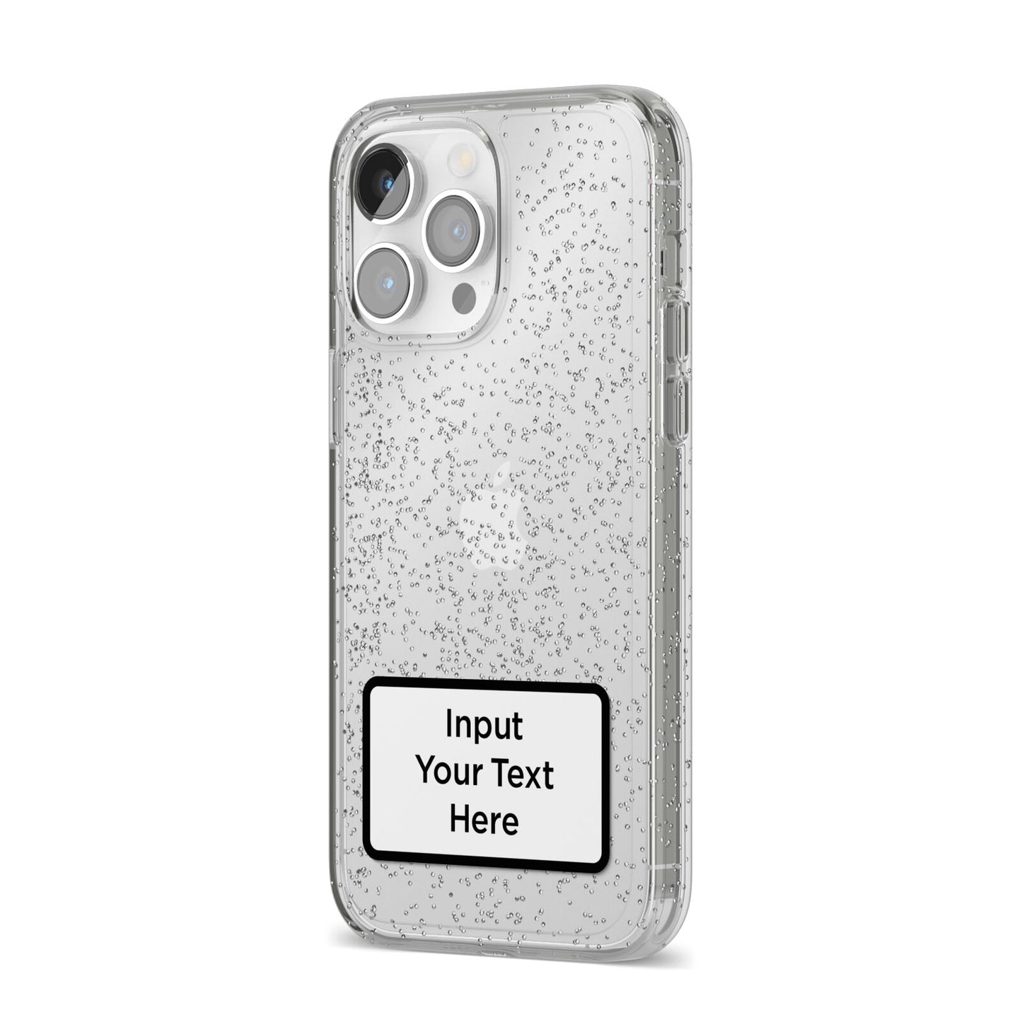 Personalised Warning Label iPhone 14 Pro Max Glitter Tough Case Silver Angled Image