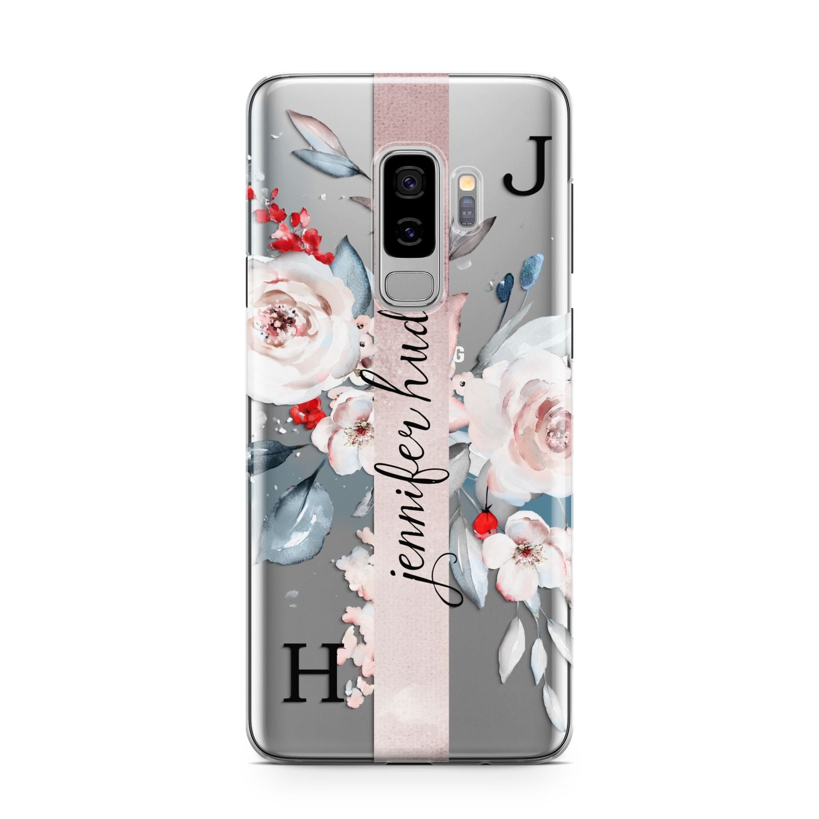 Personalised Watercolour Bouquet Roses Samsung Galaxy S9 Plus Case on Silver phone