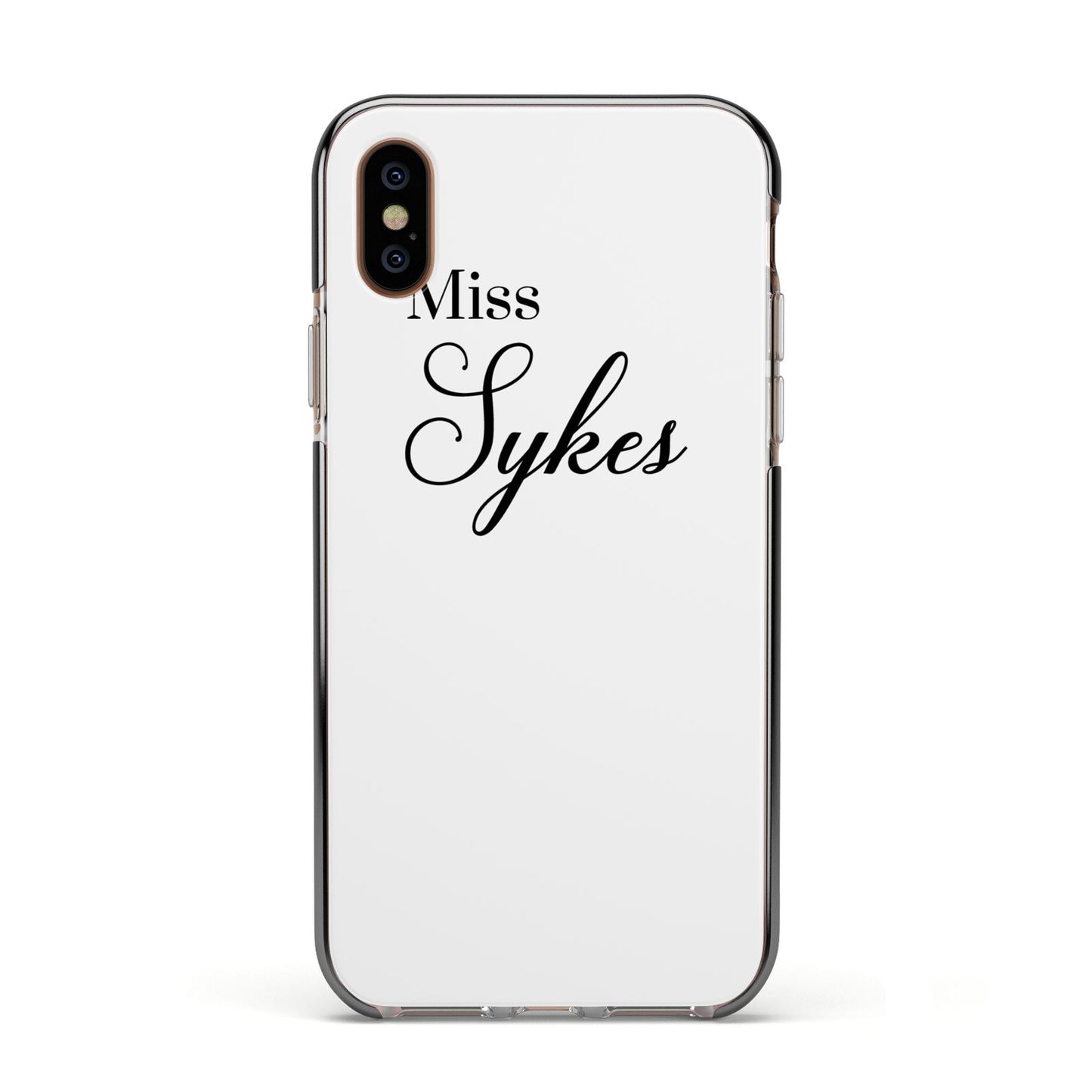 Personalised Wedding Name Miss Apple iPhone Xs Impact Case Black Edge on Gold Phone