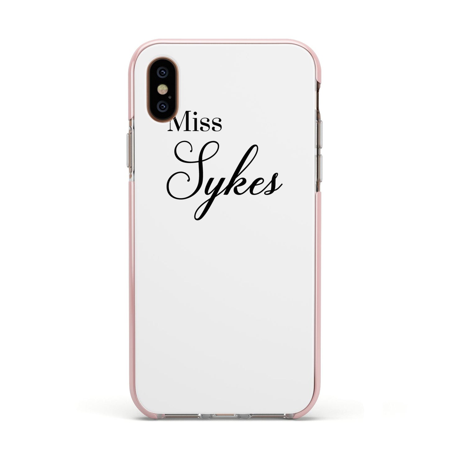 Personalised Wedding Name Miss Apple iPhone Xs Impact Case Pink Edge on Gold Phone