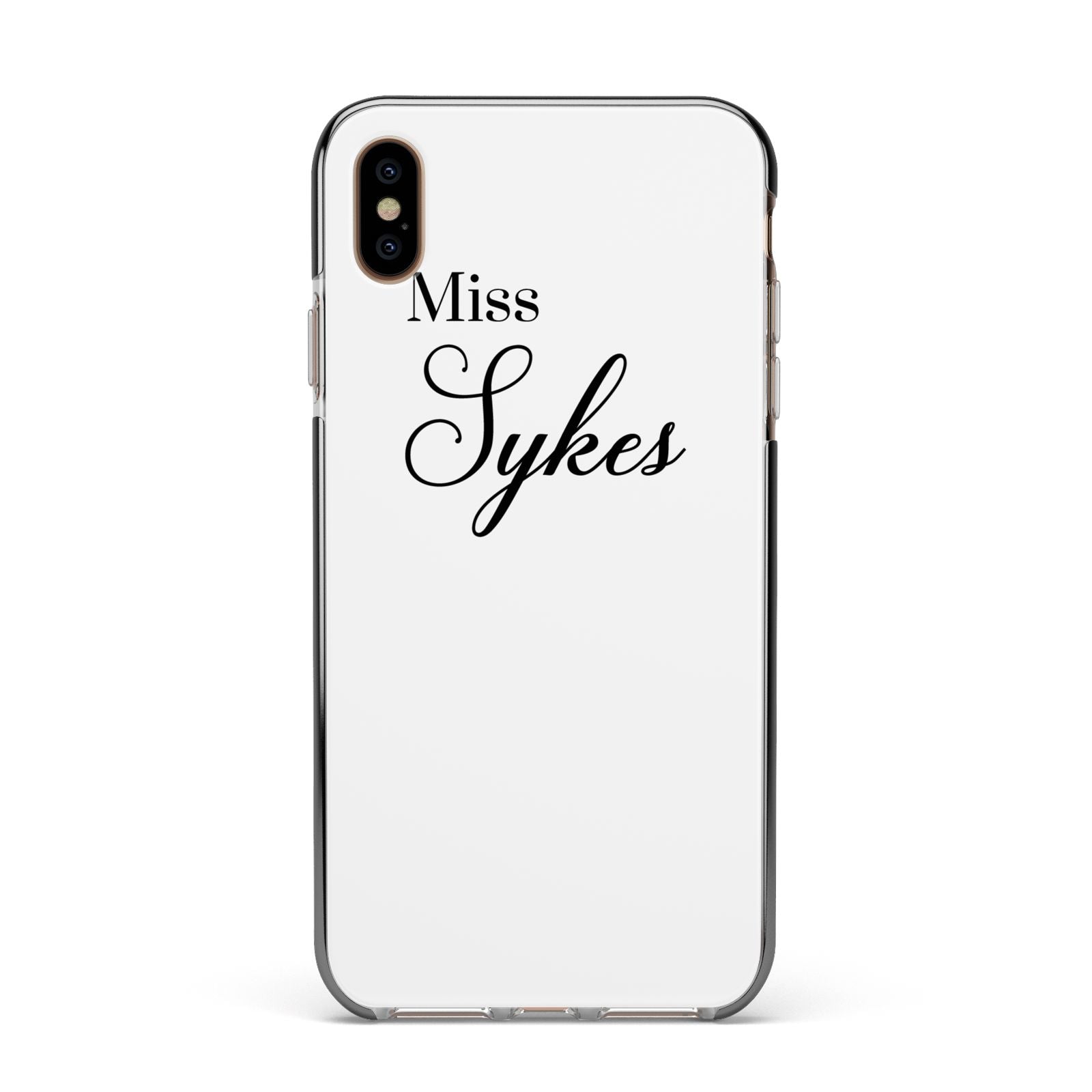 Personalised Wedding Name Miss Apple iPhone Xs Max Impact Case Black Edge on Gold Phone