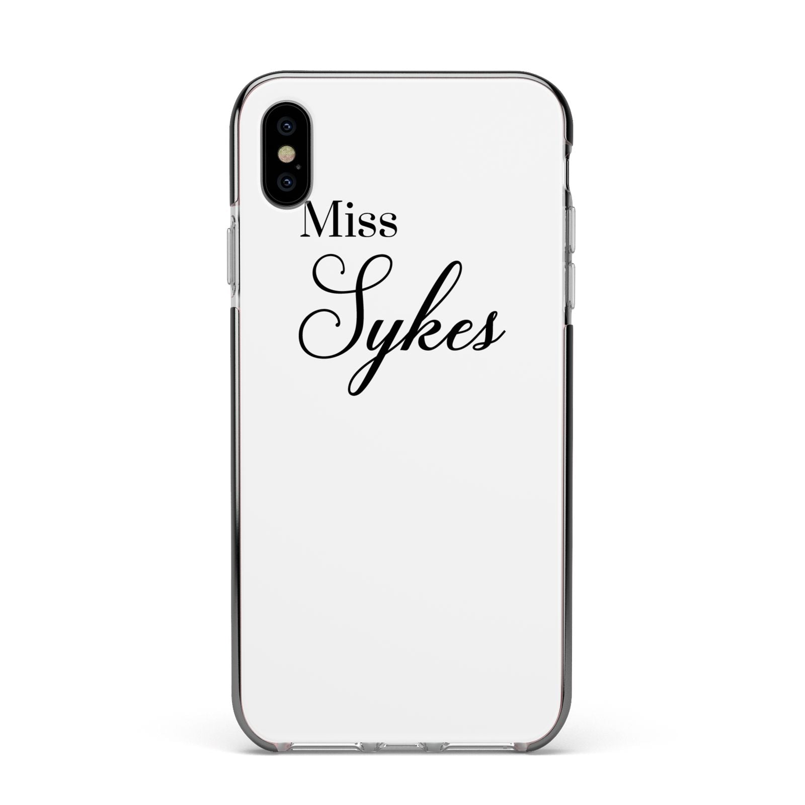 Personalised Wedding Name Miss Apple iPhone Xs Max Impact Case Black Edge on Silver Phone