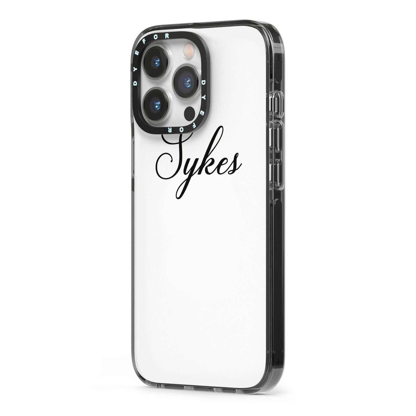 Personalised Wedding Name Miss iPhone 13 Pro Black Impact Case Side Angle on Silver phone