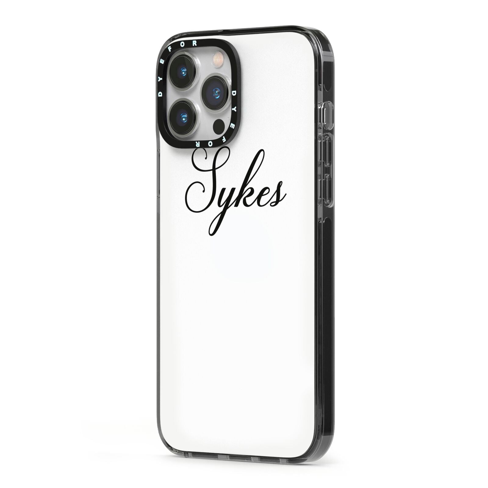 Personalised Wedding Name Miss iPhone 13 Pro Max Black Impact Case Side Angle on Silver phone