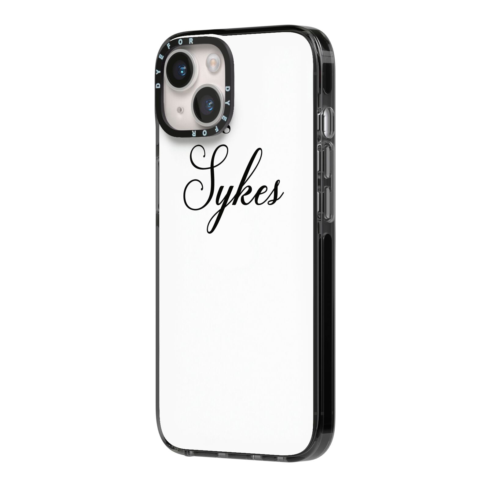 Personalised Wedding Name Miss iPhone 14 Black Impact Case Side Angle on Silver phone