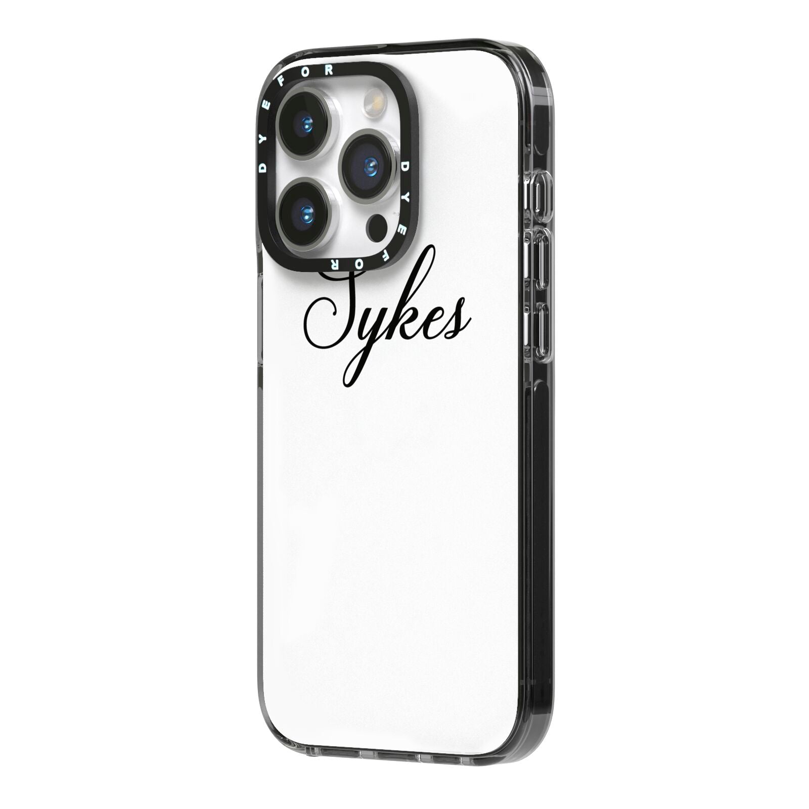 Personalised Wedding Name Miss iPhone 14 Pro Black Impact Case Side Angle on Silver phone