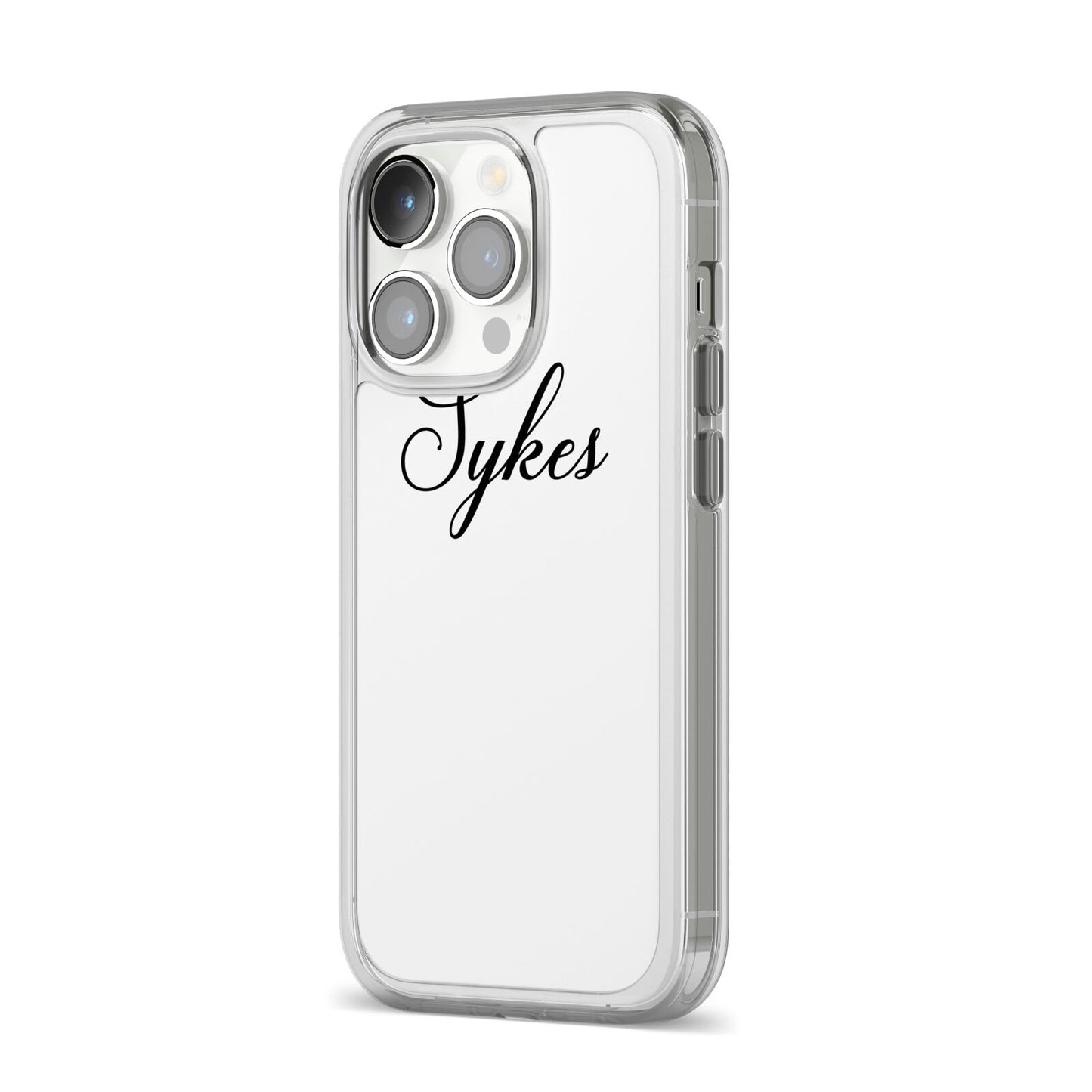 Personalised Wedding Name Miss iPhone 14 Pro Clear Tough Case Silver Angled Image