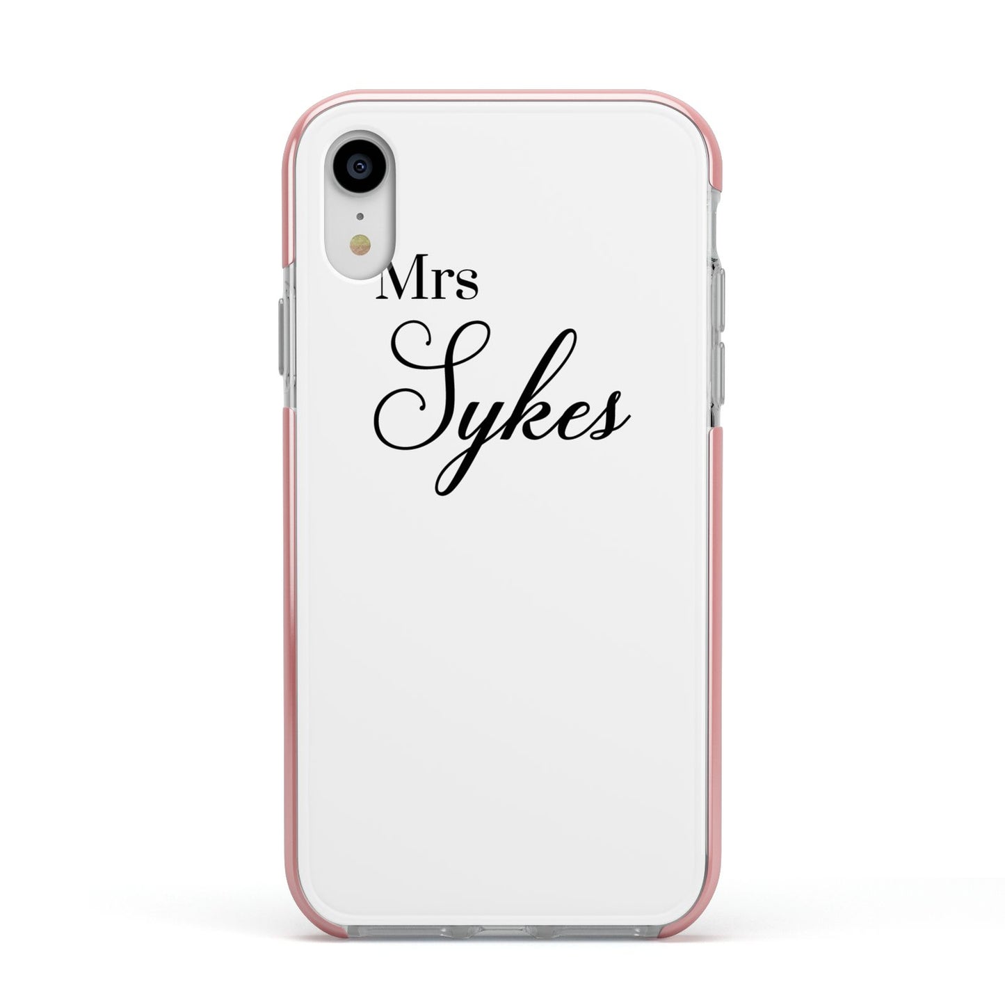 Personalised Wedding Name Mrs Apple iPhone XR Impact Case Pink Edge on Silver Phone