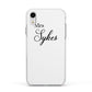 Personalised Wedding Name Mrs Apple iPhone XR Impact Case White Edge on Silver Phone