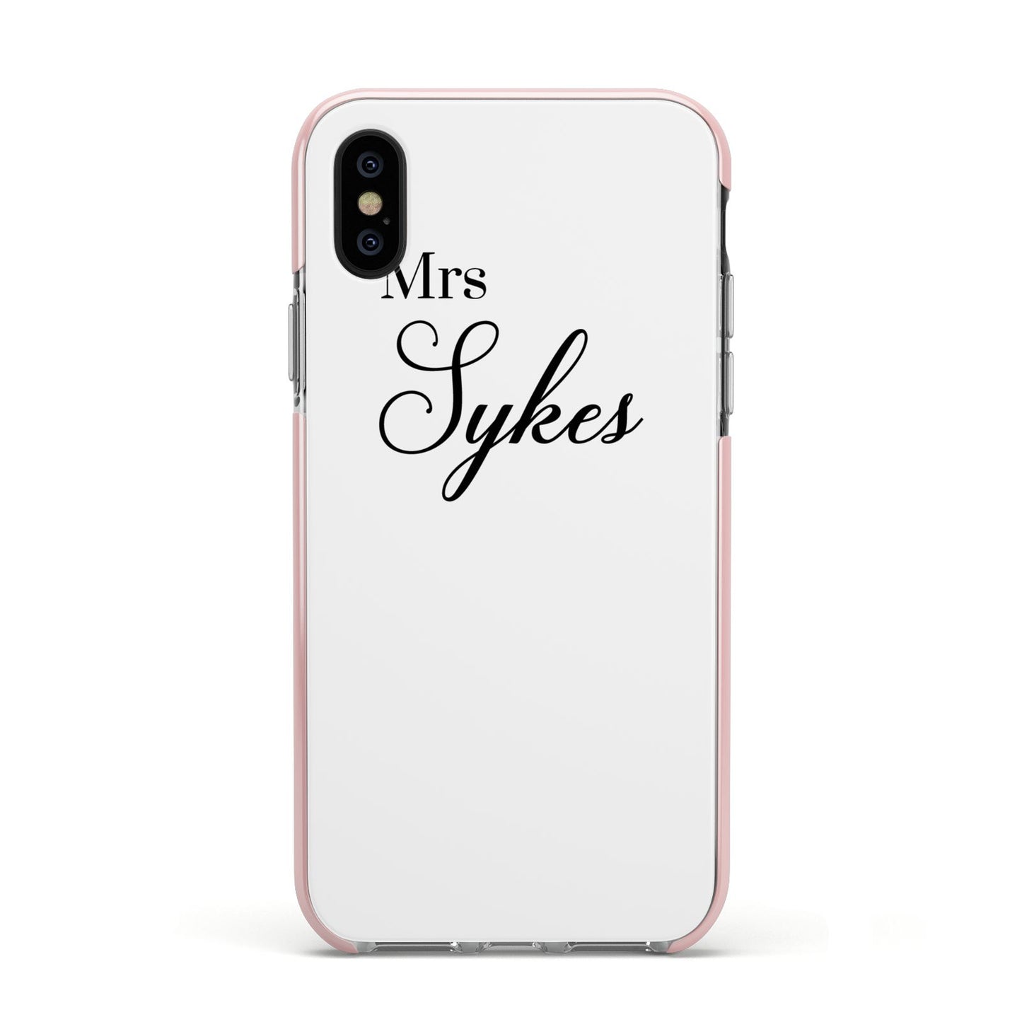 Personalised Wedding Name Mrs Apple iPhone Xs Impact Case Pink Edge on Black Phone