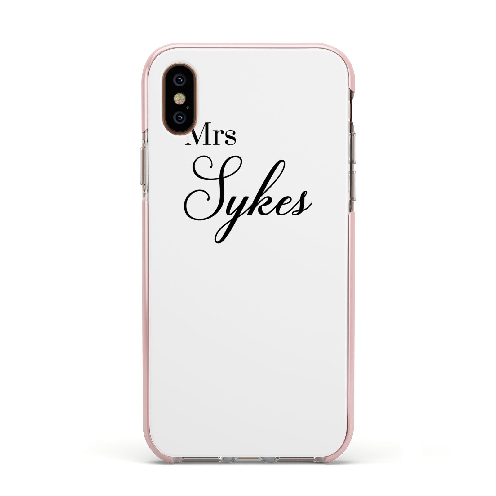 Personalised Wedding Name Mrs Apple iPhone Xs Impact Case Pink Edge on Gold Phone