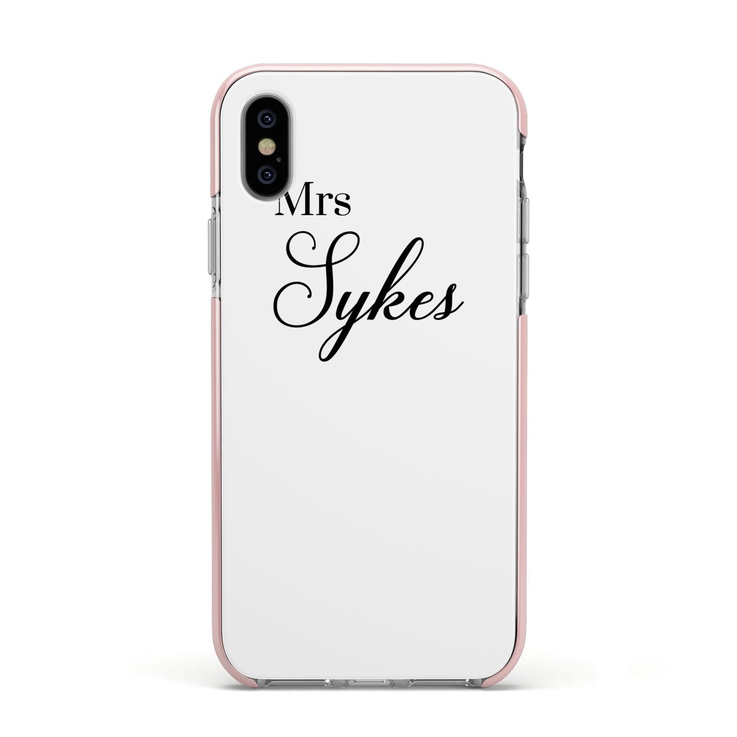 Personalised Wedding Name Mrs Apple iPhone Xs Impact Case Pink Edge on Silver Phone