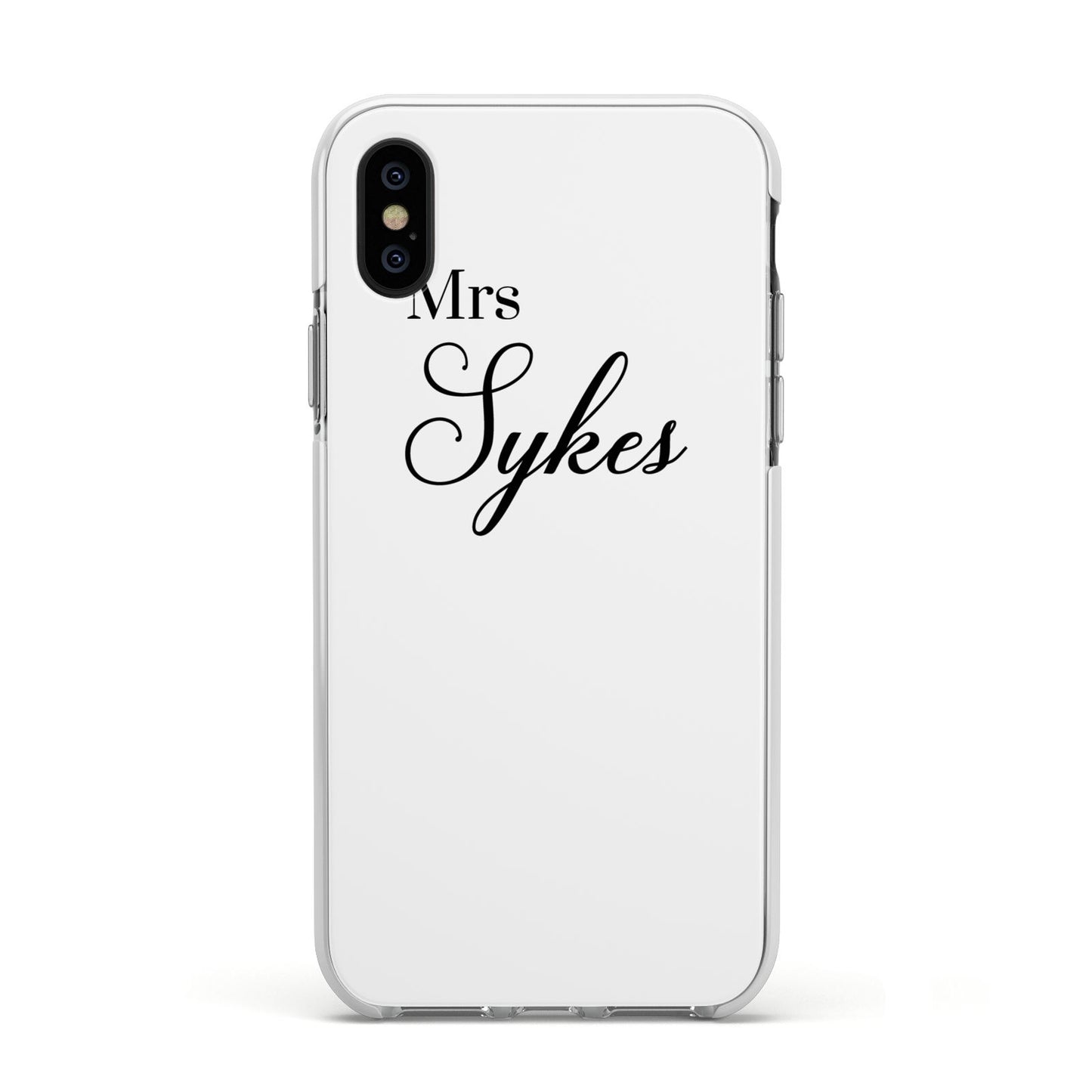 Personalised Wedding Name Mrs Apple iPhone Xs Impact Case White Edge on Black Phone