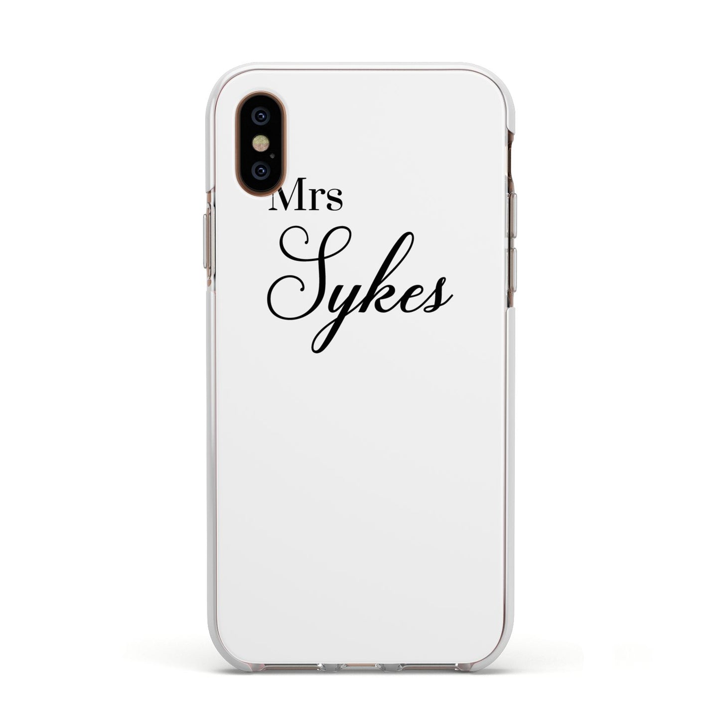 Personalised Wedding Name Mrs Apple iPhone Xs Impact Case White Edge on Gold Phone