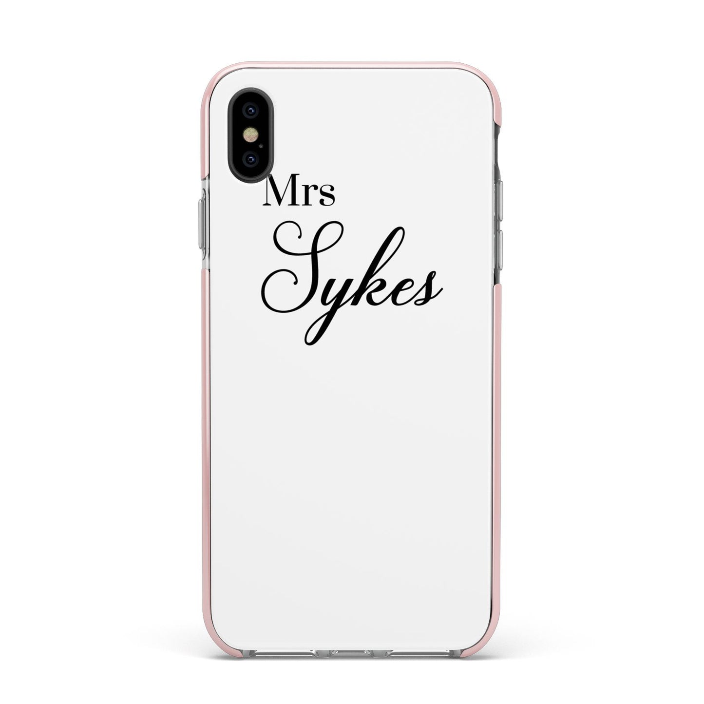 Personalised Wedding Name Mrs Apple iPhone Xs Max Impact Case Pink Edge on Black Phone