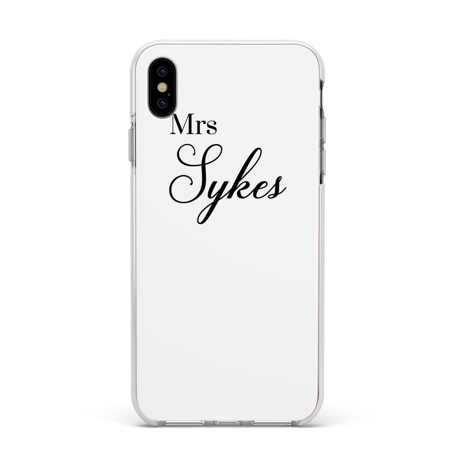 Personalised Wedding Name Mrs Apple iPhone Xs Max Impact Case White Edge on Silver Phone