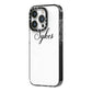 Personalised Wedding Name Mrs iPhone 14 Pro Black Impact Case Side Angle on Silver phone