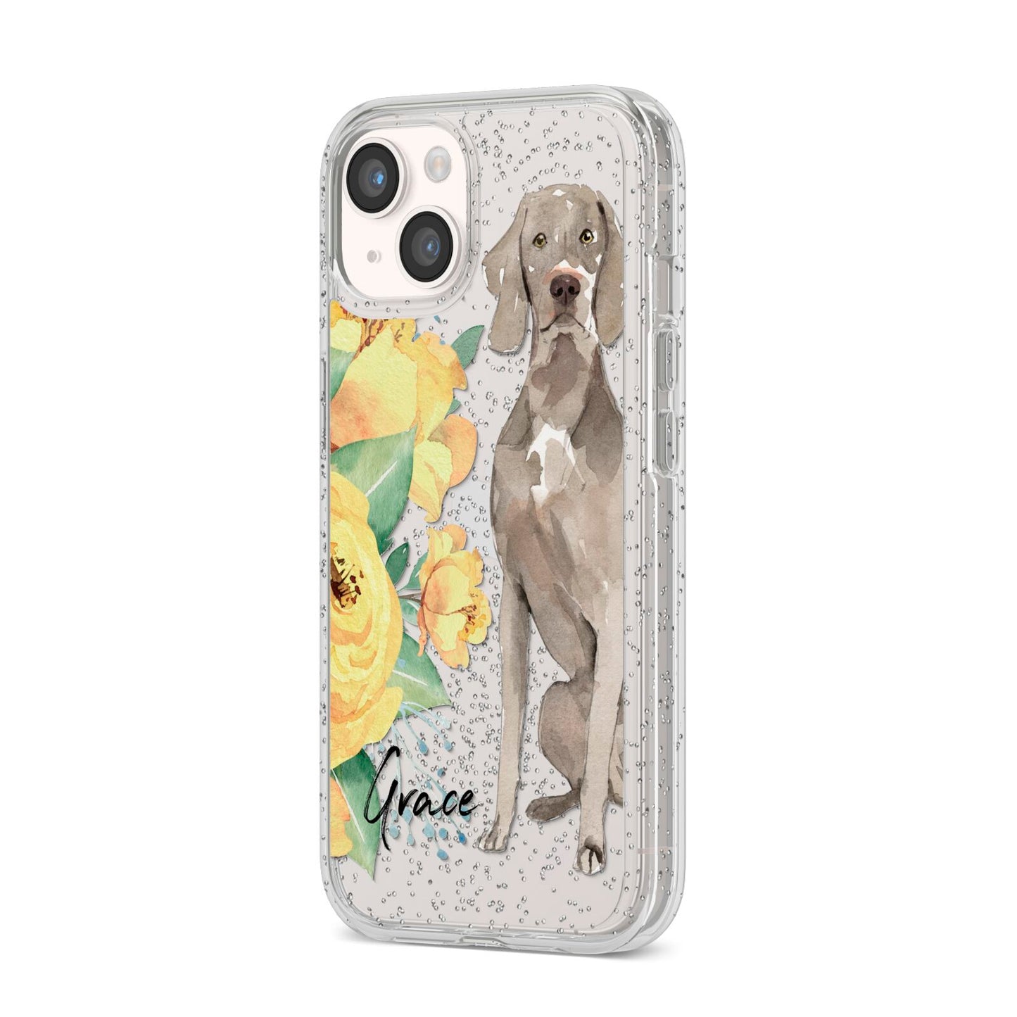 Personalised Weimaraner iPhone 14 Glitter Tough Case Starlight Angled Image