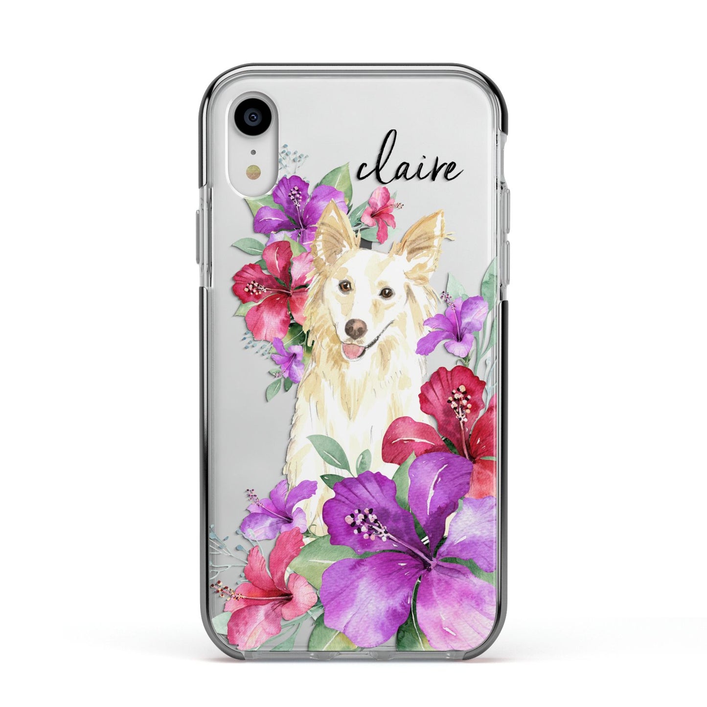 Personalised White Collie Apple iPhone XR Impact Case Black Edge on Silver Phone