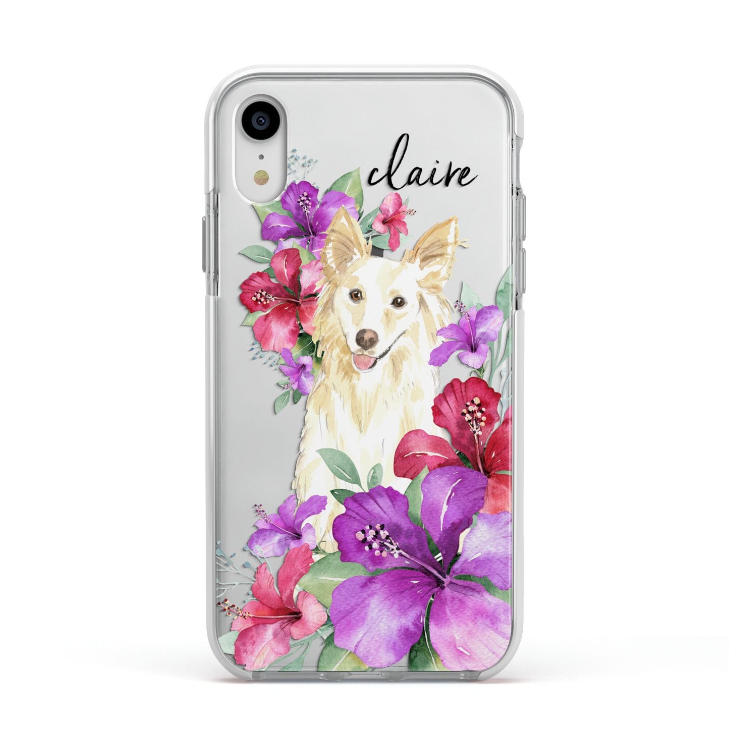 Personalised White Collie Apple iPhone XR Impact Case White Edge on Silver Phone