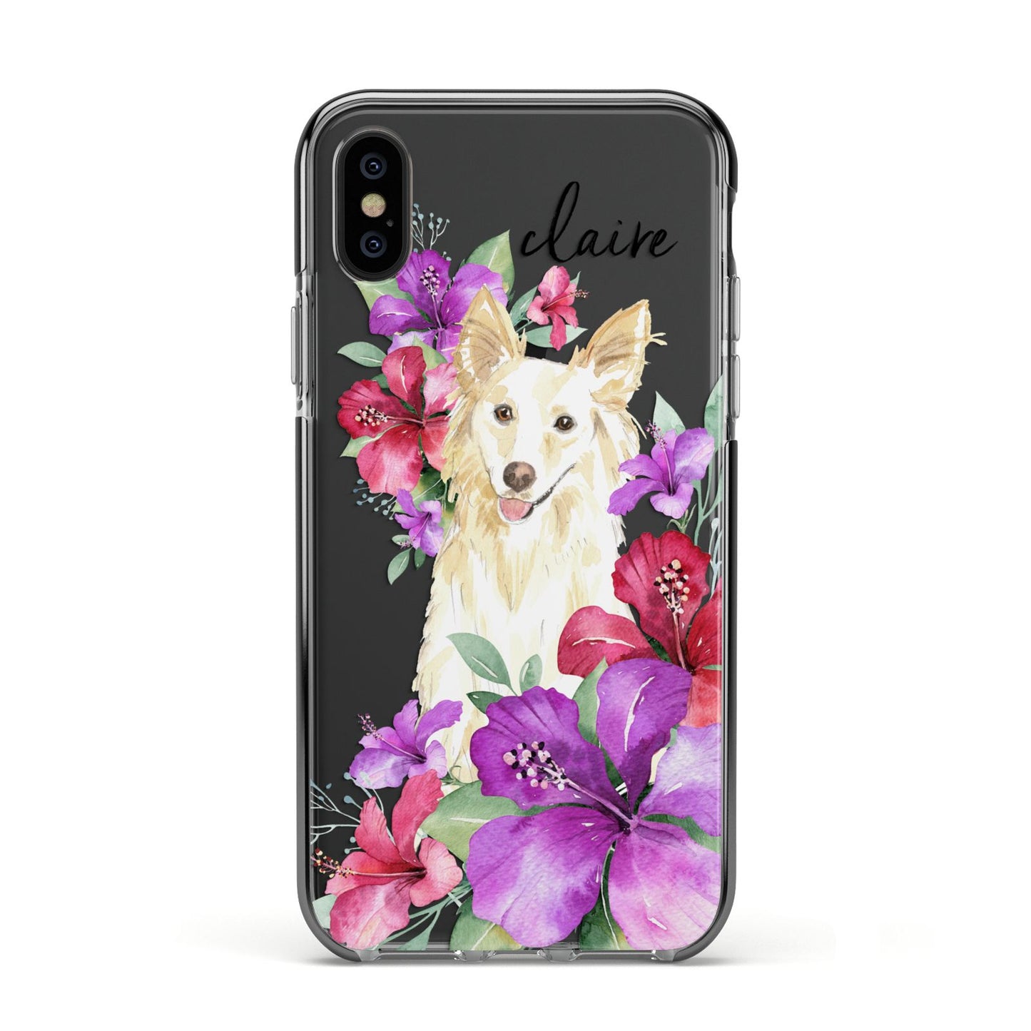 Personalised White Collie Apple iPhone Xs Impact Case Black Edge on Black Phone