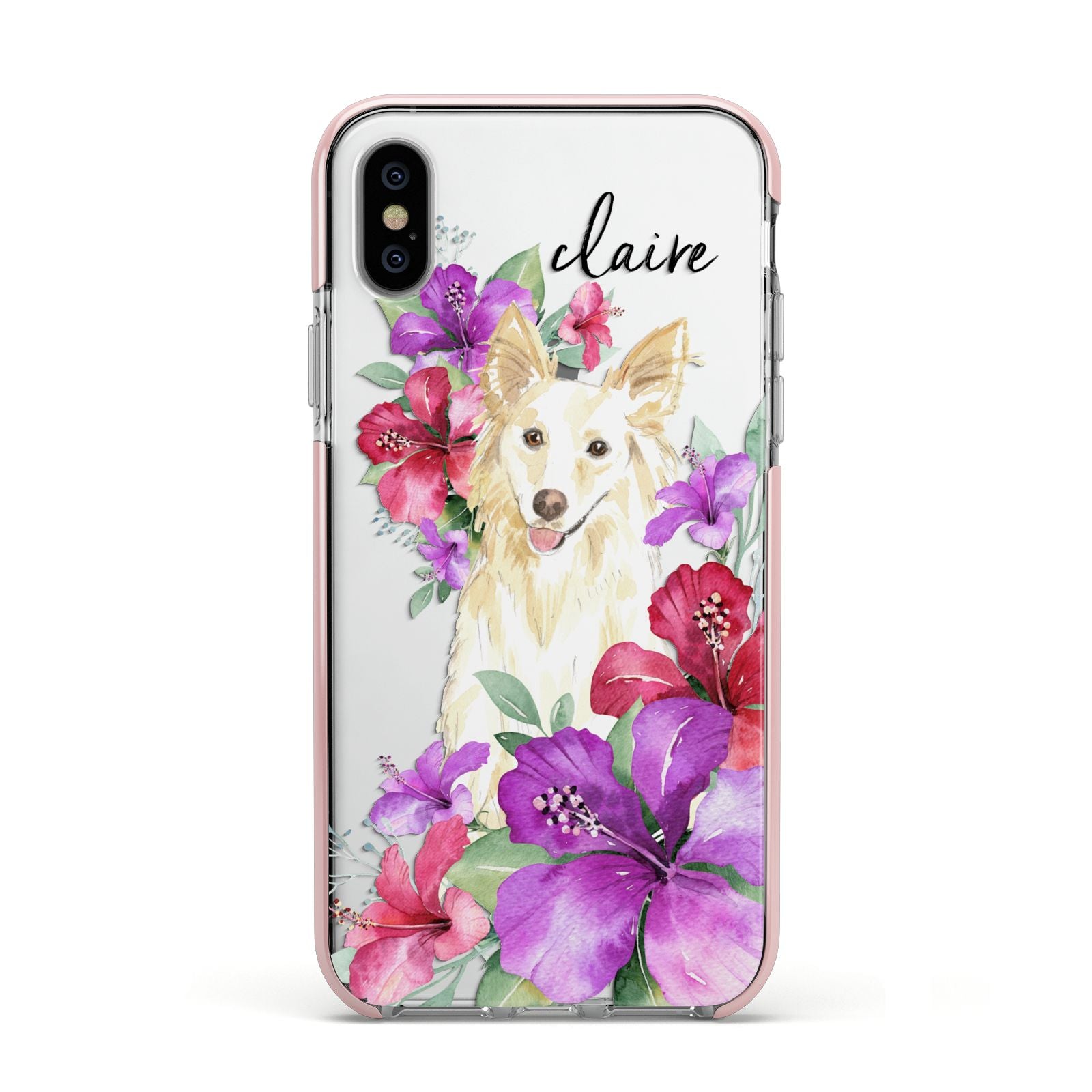 Personalised White Collie Apple iPhone Xs Impact Case Pink Edge on Silver Phone