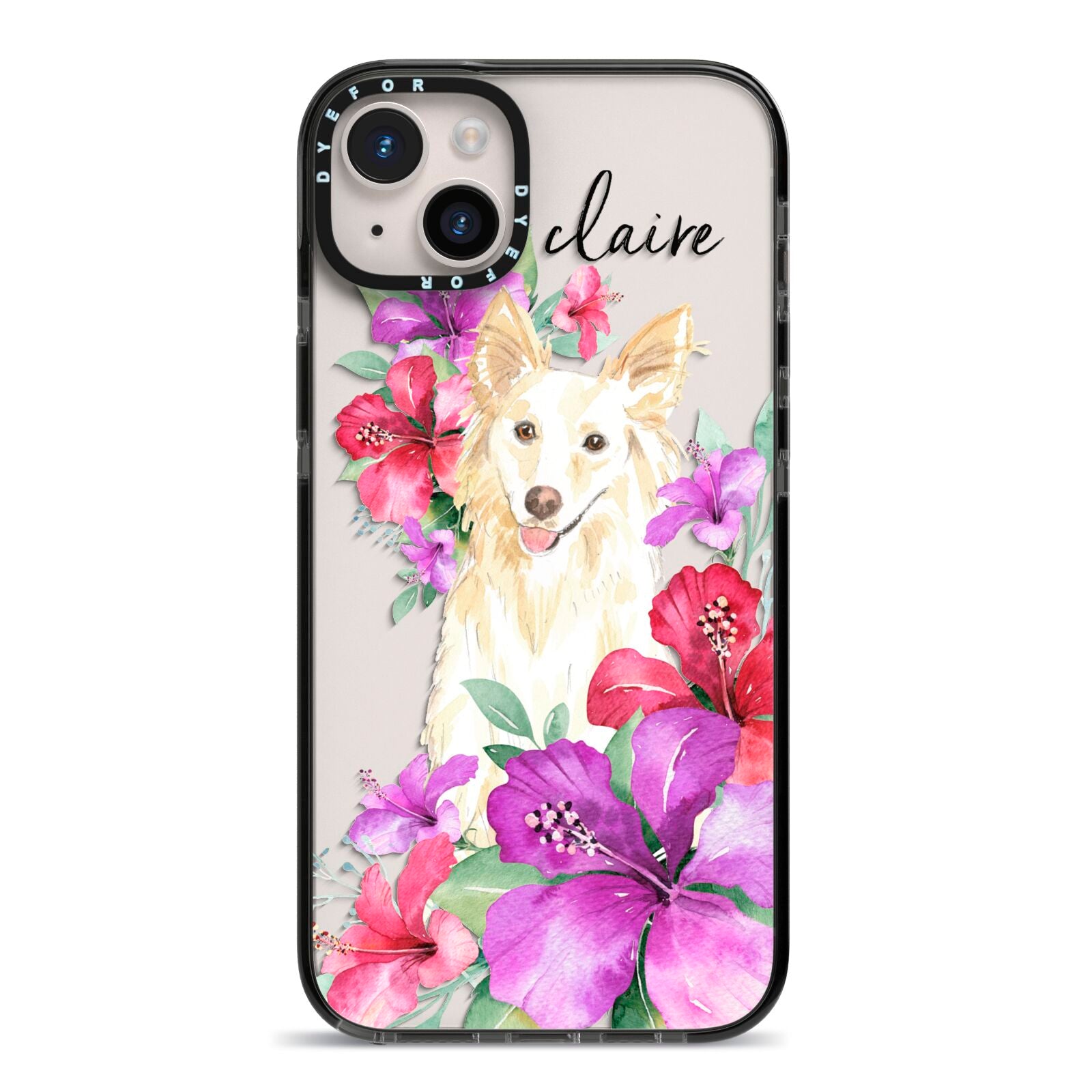 Personalised White Collie iPhone 14 Plus Black Impact Case on Silver phone