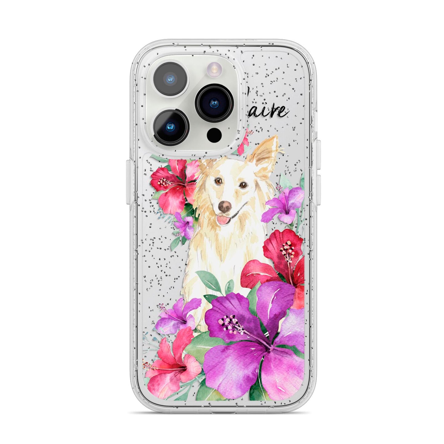 Personalised White Collie iPhone 14 Pro Glitter Tough Case Silver