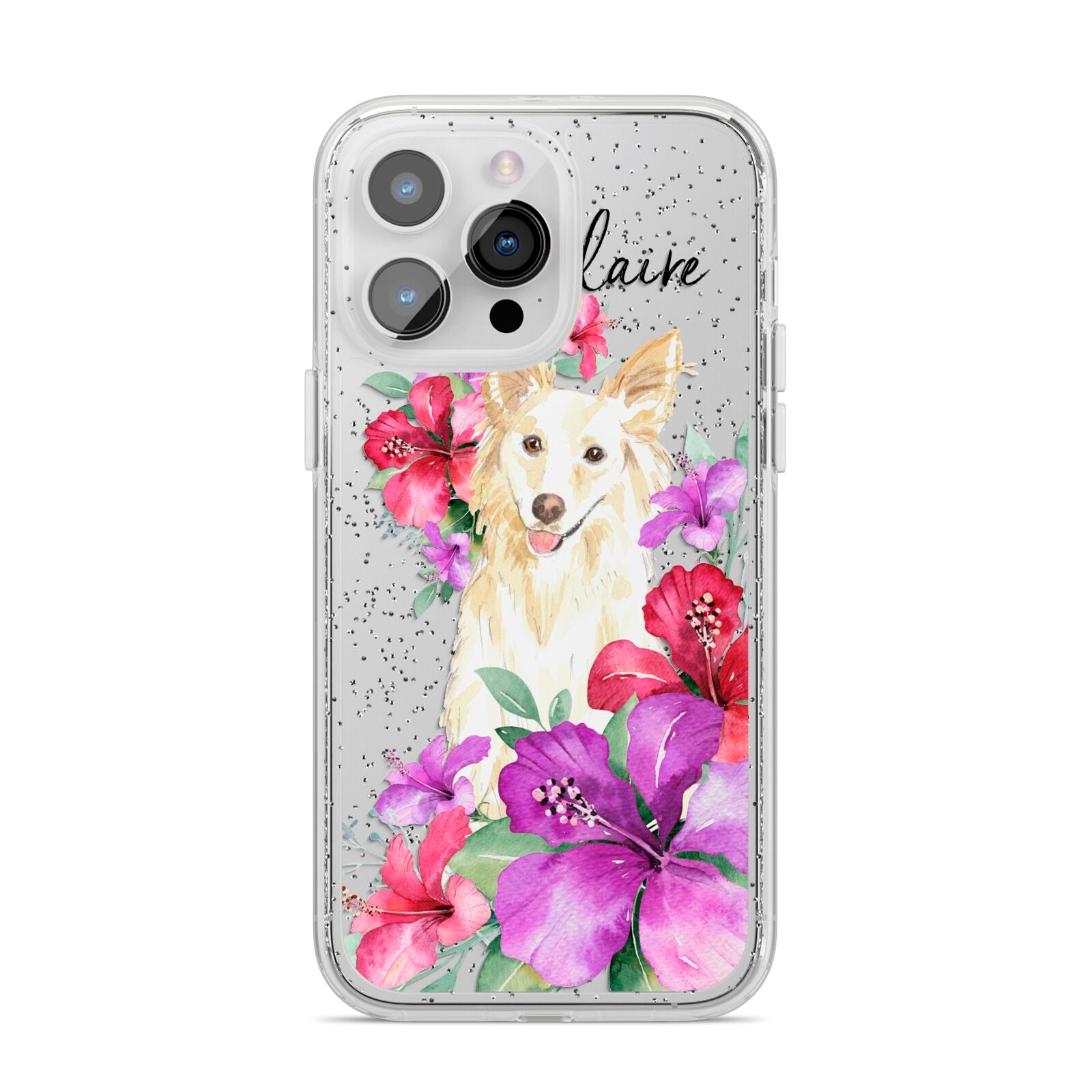 Personalised White Collie iPhone 14 Pro Max Glitter Tough Case Silver