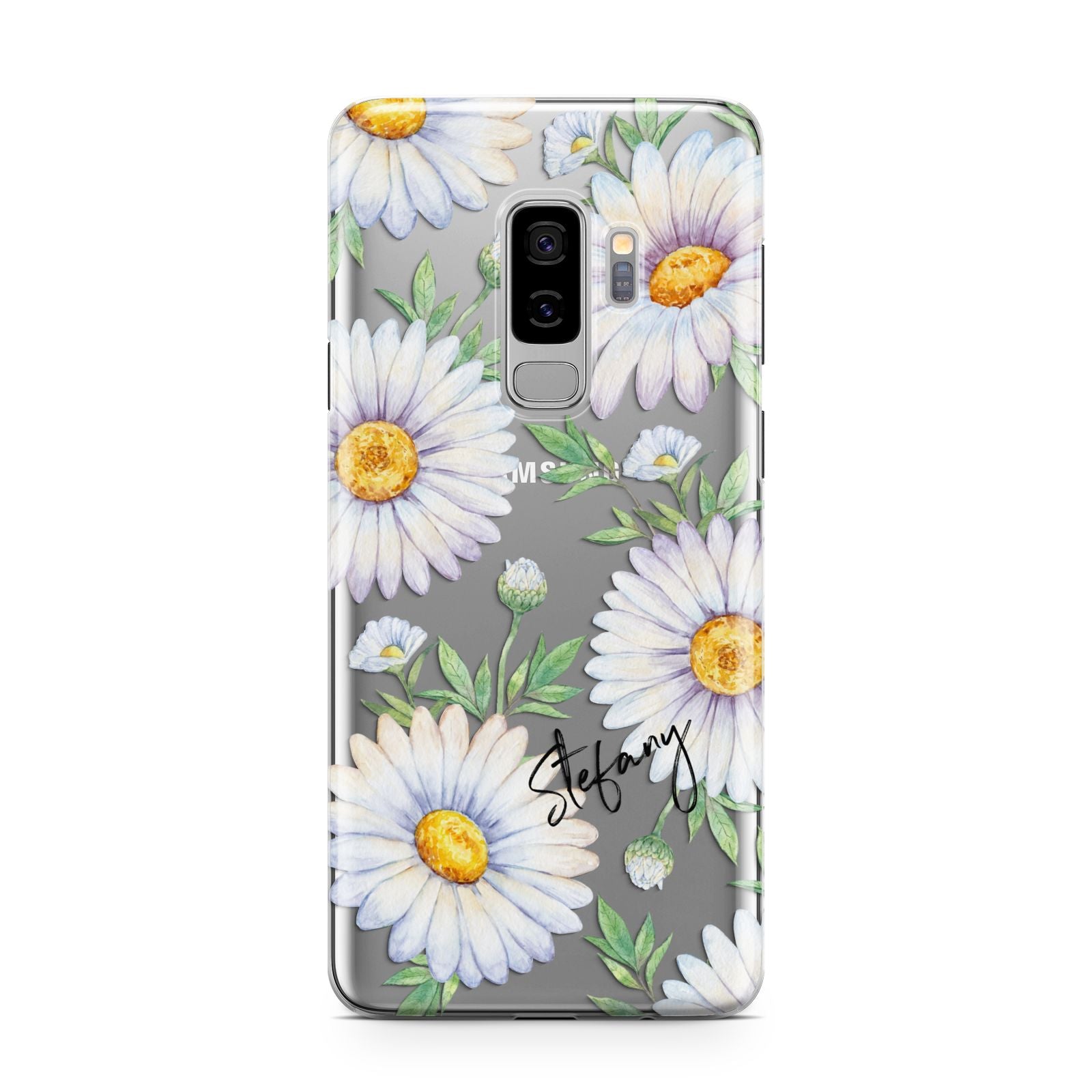 Personalised White Daisy Samsung Galaxy S9 Plus Case on Silver phone