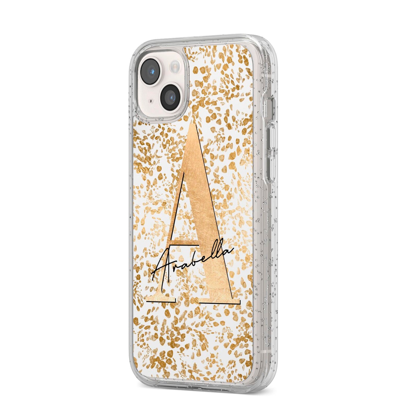 Personalised White Gold Cheetah iPhone 14 Plus Glitter Tough Case Starlight Angled Image