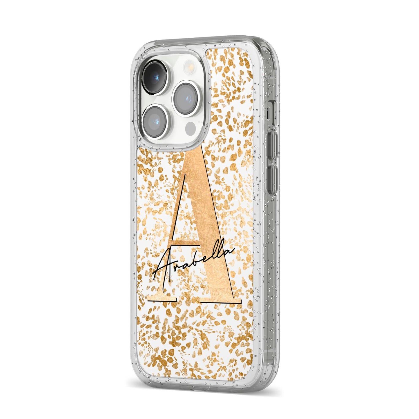 Personalised White Gold Cheetah iPhone 14 Pro Glitter Tough Case Silver Angled Image