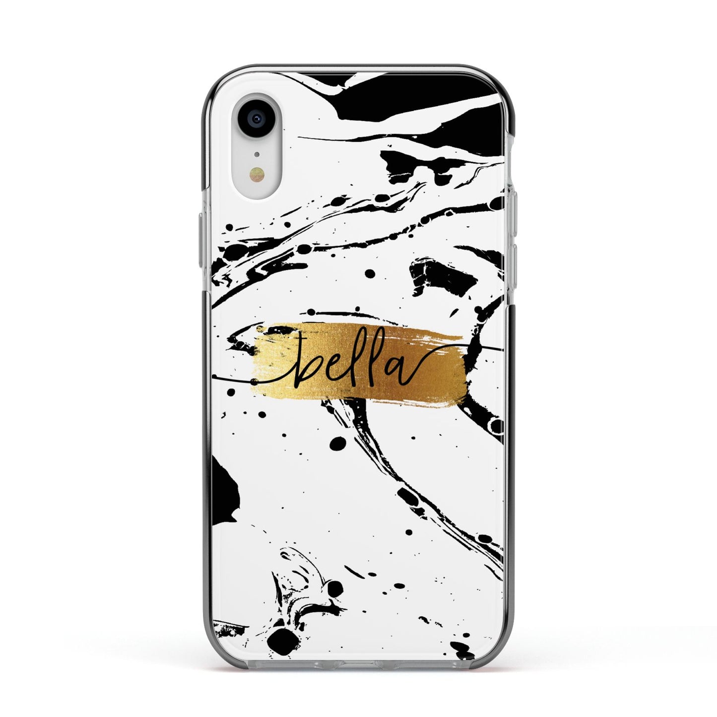 Personalised White Gold Swirl Marble Apple iPhone XR Impact Case Black Edge on Silver Phone