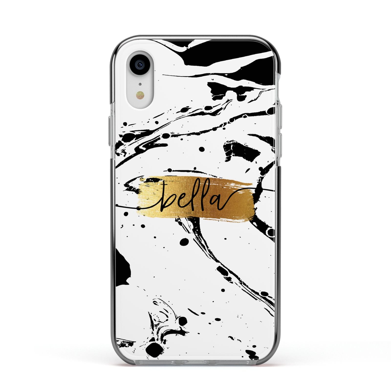 Personalised White Gold Swirl Marble Apple iPhone XR Impact Case Black Edge on Silver Phone