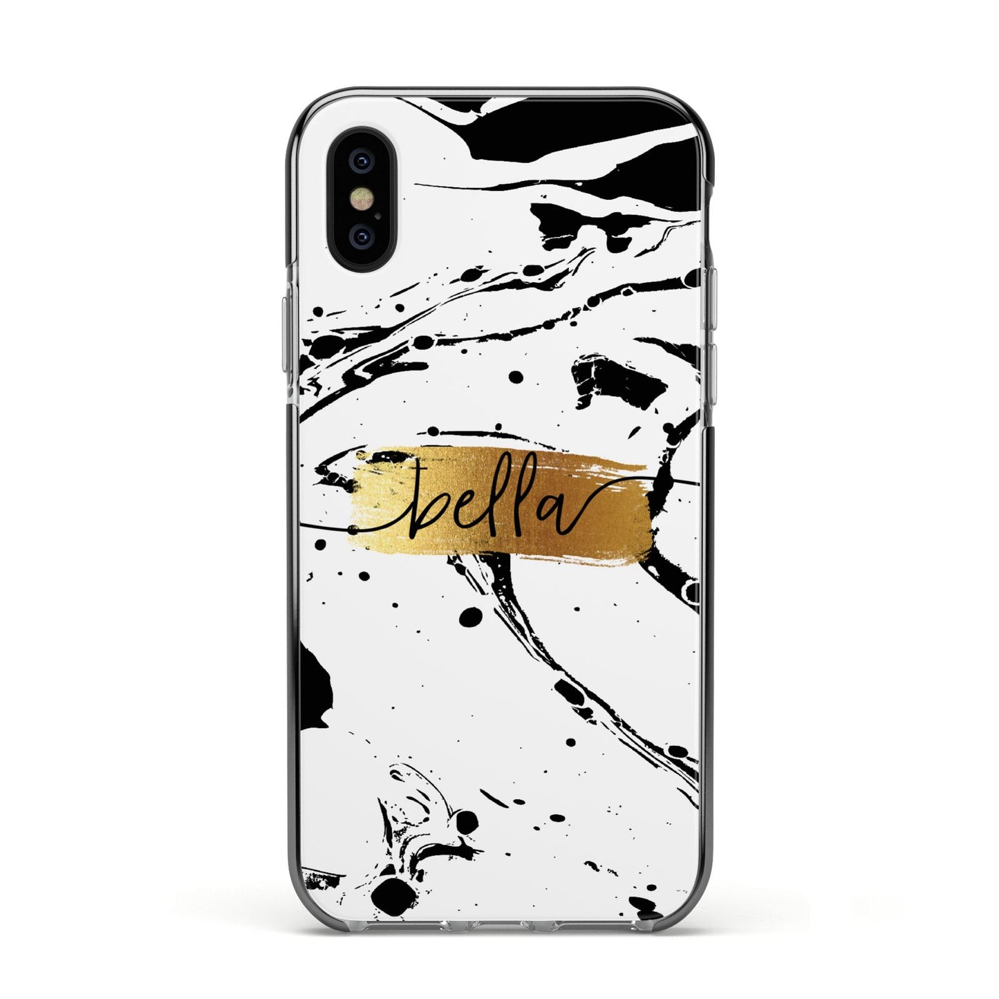 Personalised White Gold Swirl Marble Apple iPhone Xs Impact Case Black Edge on Black Phone