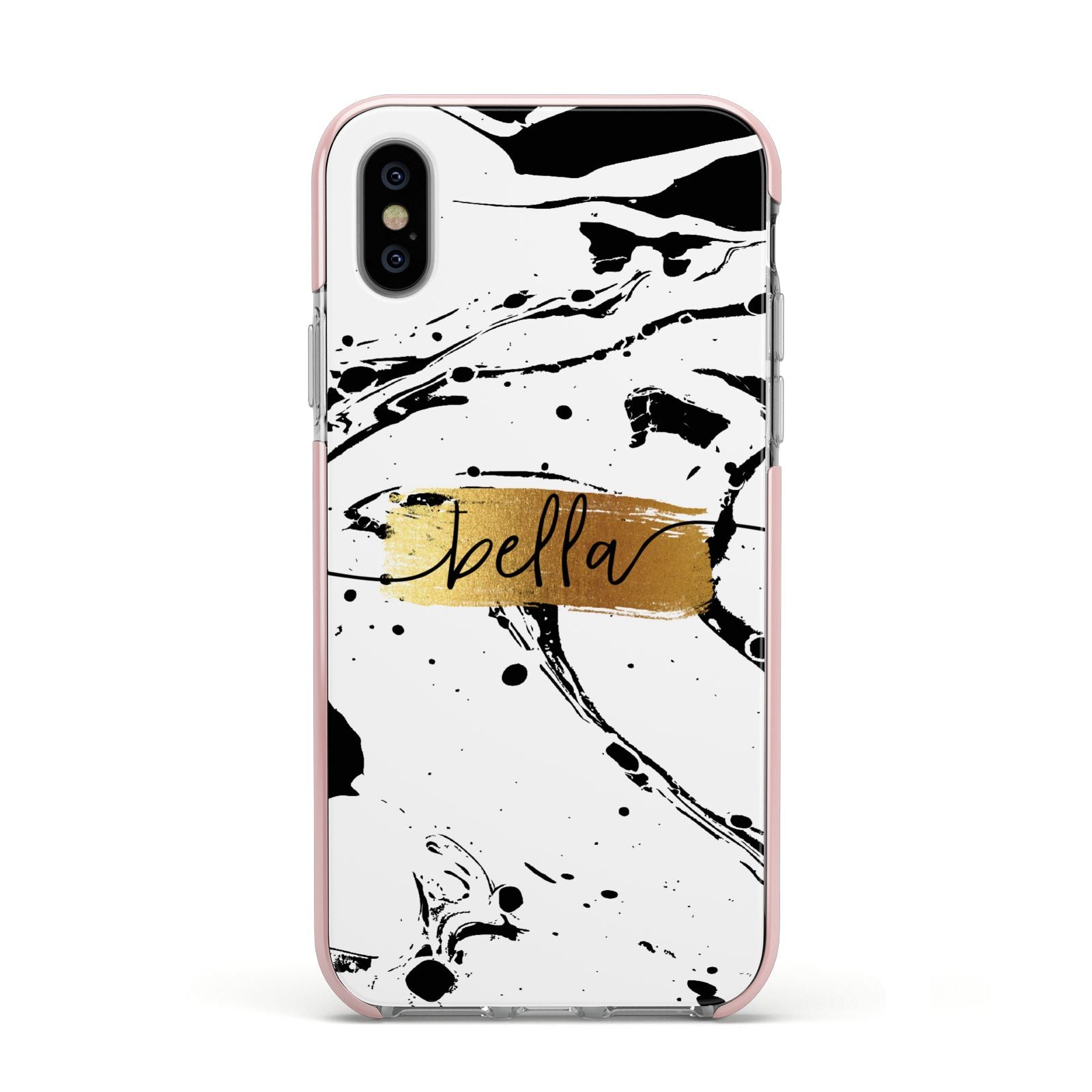 Personalised White Gold Swirl Marble Apple iPhone Xs Impact Case Pink Edge on Silver Phone
