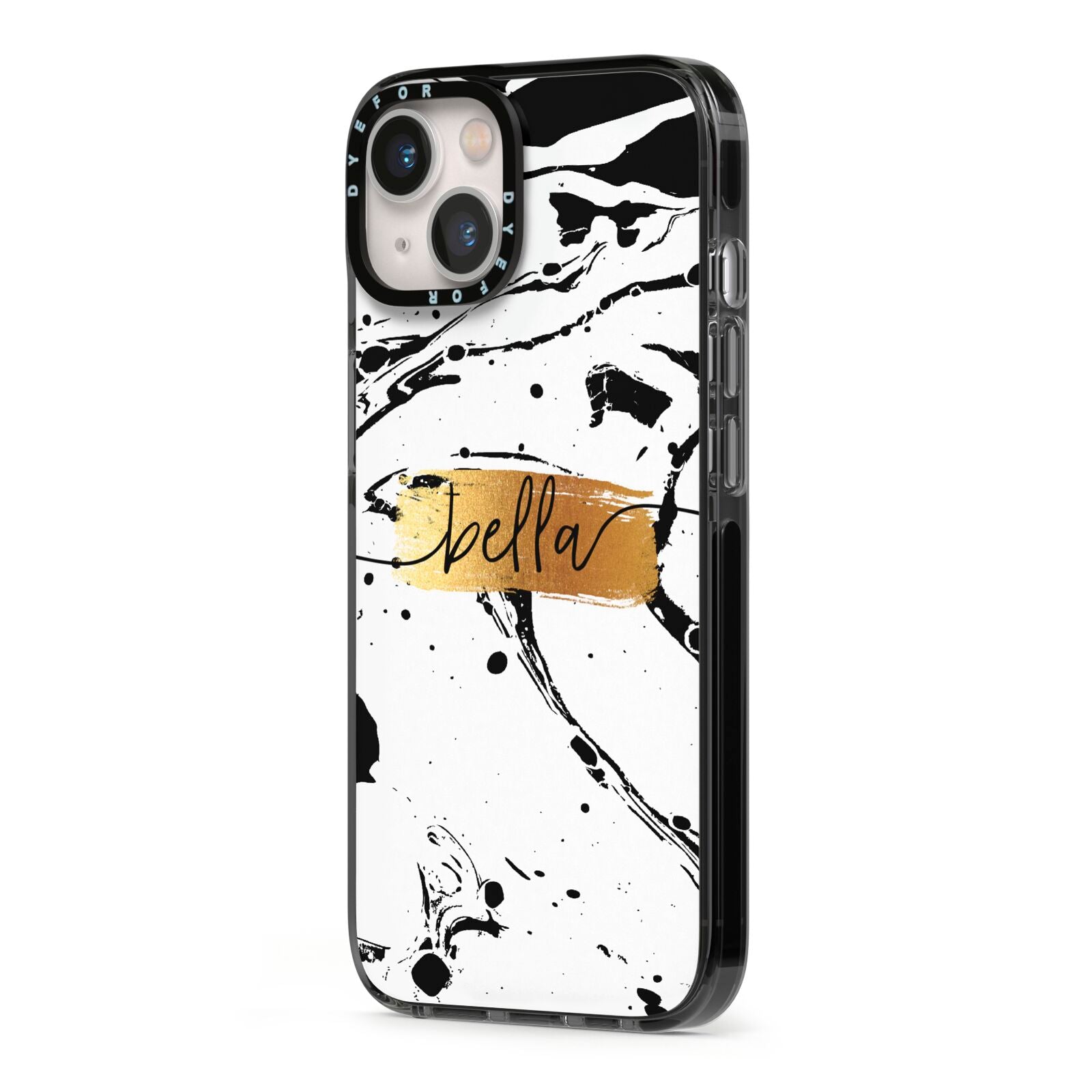 Personalised White Gold Swirl Marble iPhone 13 Black Impact Case Side Angle on Silver phone