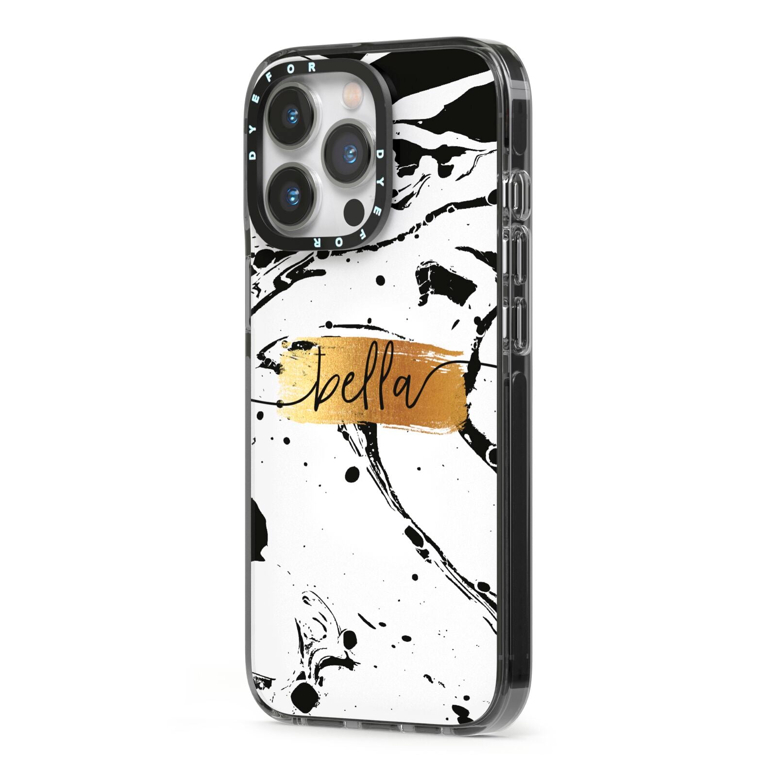 Personalised White Gold Swirl Marble iPhone 13 Pro Black Impact Case Side Angle on Silver phone
